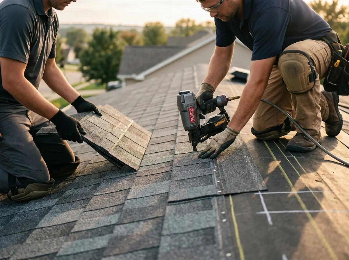 Professional roofer working on a residential roof in Islip